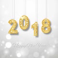 Happy New Year 2018 greeting card. Design with Golden number and diamonds. Royalty Free Stock Photo