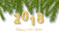 Happy New Year 2018 greeting card. Design with Golden number and spruce branches. Vector illustration. Royalty Free Stock Photo