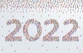 2022 happy new year greeting card design. A large group of people form to create the year number 2022.