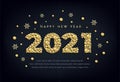 Happy New Year 2021 greeting card design with numbers of golden bead, star, snowflake on black. Gold metallic pearl luxury