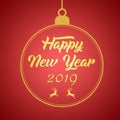 2019 Happy New Year greeting card design template layout on red gradient background with deer, text with hand drawing in the ball