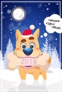 Happy New Year Greeting Card With Dog In Santa Hat Holding Christmas Bone 2018 Symbol Over Night Winter Woods