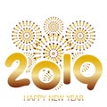 2019 Happy New Year greeting card with fireworks gold