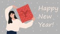 Happy New Year greeting card flat vector template.Overjoyed young woman holding a gift.Winter holiday printable banner