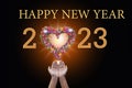 Happy New Year 2023 greeting card frame made of black background .