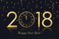 Happy New Year 2018 greeting card with gold clock and golden confetti. Vector. Royalty Free Stock Photo