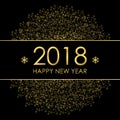 2018 Happy New Year greeting card with gold decorations and snowflakes. Royalty Free Stock Photo