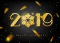 2019 Happy New Year Greeting Card with Gold Numbers on Black Background. Vector Illustration. Merry Christmas Flyer or Royalty Free Stock Photo