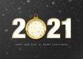 2021 happy New Year greeting card. Gold paper cut Christmas ball and greeting text. Decoration design element for holiday banner Royalty Free Stock Photo