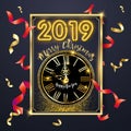 Happy New Year 2019 Greeting Card with Gold and Silver Numbers on Black Background. Vector Illustration. Merry Christmas Flyer Royalty Free Stock Photo