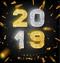 Happy New Year 2019 Greeting Card with Gold and Silver Numbers on Black Background. Vector Illustration. Merry Christmas Royalty Free Stock Photo