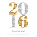 Happy New Year Greeting Card with Gold and Silver Numbers. Royalty Free Stock Photo