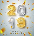 Happy New Year 2019 Greeting Card with Gold and Silver Numbers on White Background. Vector Illustration. Merry Christmas Royalty Free Stock Photo