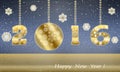 Happy New Year greeting card in 2016 from gold snowflakes.
