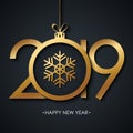 2019 Happy New Year greeting card with golden christmas ball and snowflake on black background. Royalty Free Stock Photo
