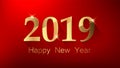 Happy New Year greeting card with golden number 2019 and congratulatory words. Royalty Free Stock Photo