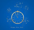Happy New Year greeting card with golden shiny vintage clock and spark fireworks isolated on blue background. Royalty Free Stock Photo