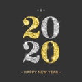 Happy New Year 2020 greeting card of golden and silver glitter confetti on vector premium black background for Christmas