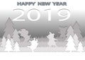 Happy new year greeting card on gray background with showflakes pattern. Vector winter numbers 2019 poster design