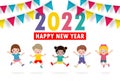 Happy New Year 2022 greeting card with group kids jumping, happy children with Happy new year, flag Colorful background Vector Royalty Free Stock Photo