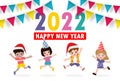 Happy New Year 2022 greeting card with group kids jumping, happy children with Happy new year, flag Colorful background Vector Royalty Free Stock Photo