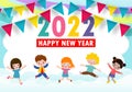 Happy New Year 2022 greeting card with group kids jumping, happy children with Happy new year, flag Colorful background Vector Royalty Free Stock Photo
