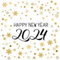 Happy New Year greeting card. Hand written numbers 2024. Gold Holidays pattern with snowflakes and dots. Typography Royalty Free Stock Photo