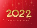 Happy new year 2022 greeting card. Hanging golden 2022 numbers. Glitter Background with gold stars. Chinese new year 2022. Vector Royalty Free Stock Photo