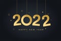Happy new year 2022 greeting card. Hanging golden 2022 numbers. Glitter Background with gold stars. Holiday banner. Royalty Free Stock Photo