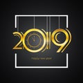 Happy New Year 2019 Greeting Card - Hanging Golden Numbers in White Bold Square Frame | EPS10 Vector Design