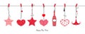 Happy new year greeting card with hanging heart, stars and wine bottle