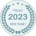 Happy New Year 2023 greeting card, icon with number 2023 and congratulation text in laurel wreath with stars