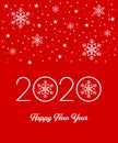 Happy New Year 2020 greeting card, invitation card with white snowflakes on red isolated background