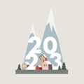 Happy New Year 2023 greeting card, invitation. Poster, web banner with colorful houses, snow and mountains. Flat design Royalty Free Stock Photo