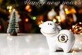 Happy new year greeting card, lettering `happy new year`s`, bull symbol 2021