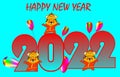 Happy new year 2022 greeting card with little tigers cute cartoon,