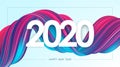 Happy New Year 2020. Greeting card with neon colored twisted acrylic paint stroke shape. Trendy design Royalty Free Stock Photo