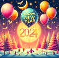 2024 happy new year greeting card of outdoors snow scene with parent and child