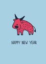 New Year greeting card with ox, zodiac animal for 2021. Horoscope bull and hand-lettered greeting phrase Royalty Free Stock Photo