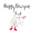 Happy New Year greeting card with pet and garland