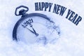 2021 Happy New Year, New Year 2021 greeting card, pocket watch in snow, English text