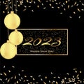 Happy New Year 2023 greeting card poster. Black background.Confetti Royalty Free Stock Photo