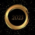 Happy New Year 2023 greeting card poster. Black background. Confetti. Circle frame Royalty Free Stock Photo