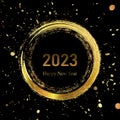 Happy New Year 2023 greeting card poster. Black background. Confetti. Circle frame Royalty Free Stock Photo