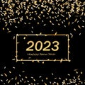 Happy New Year 2023 greeting card poster. Black background.Confetti Royalty Free Stock Photo