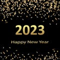 Happy New Year 2023 greeting card poster. Black background.Confetti Royalty Free Stock Photo