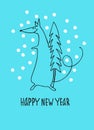 New Year greeting card with rat, zodiac animal for 2020. Horoscope rat with new year tree, hand lettering, snowflakes