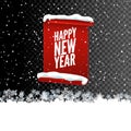 Happy New Year greeting card. Red curved paper banner on transparent background with snow and snowflakes. Vector illustration