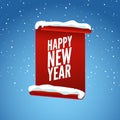 Happy New Year greeting card. Red curved paper banner on winter blue background with snow and snowflakes. Vector illustration.