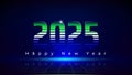 Happy New Year 2025, 25. New Year greeting card. Retro futuristic tech design in 80s style. Neon color. Green and blue numbers